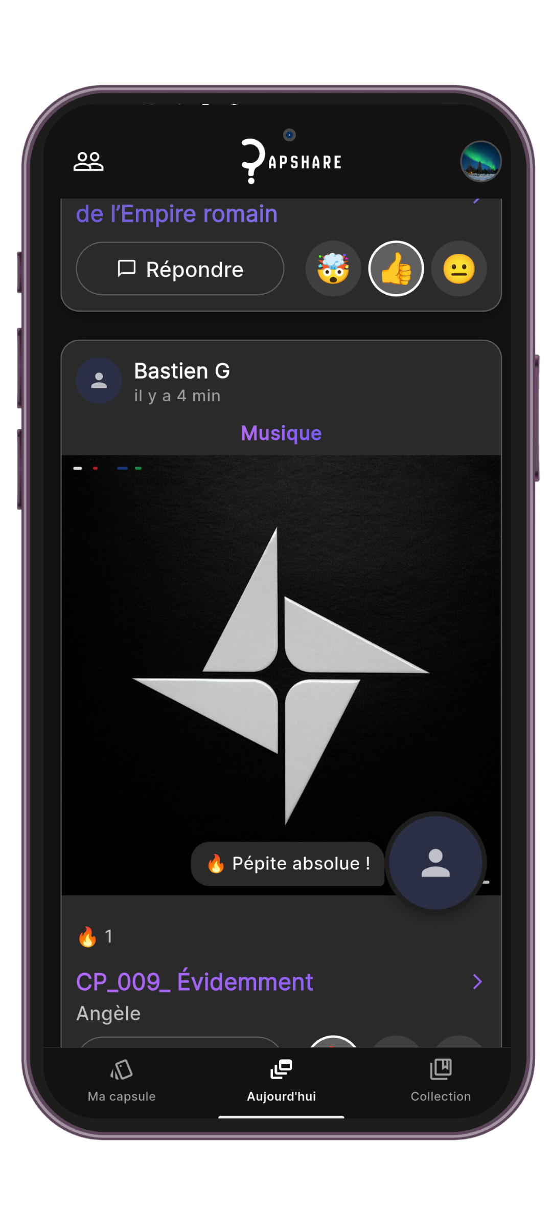 Interface sociale Capshare — réactions et partage de capsules entre amis